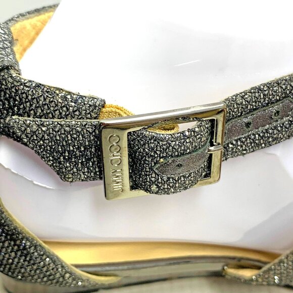 JIMMY CHOO Chiara Anthracite‎ Leather Glitter Demi Wedge Sandals - Picture 6 of 10